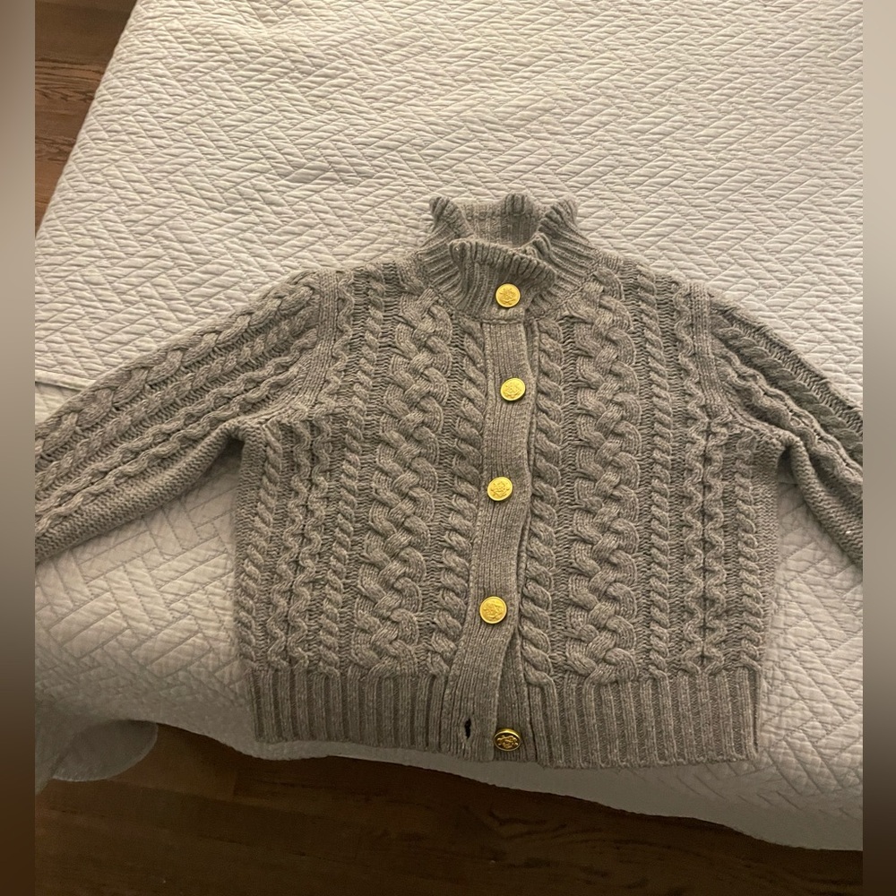 J.Crew Cable-knit ruffleneck cardigan sweater Gray Small